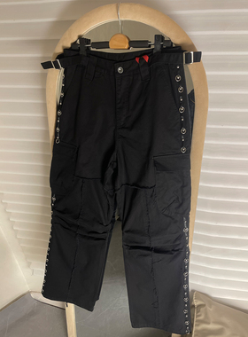 巴黎风格多口袋铆钉褶皱工装牛仔裤男女美式高街vibe宽松阔腿裤潮