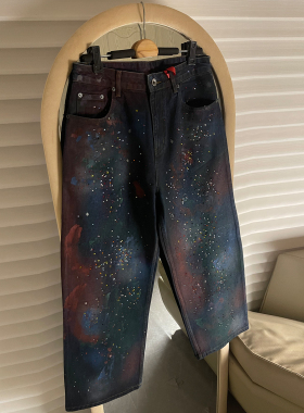 巴黎风格彩绘涂鸦满天星烫钻牛仔裤男女美式小众潮牌宽松阔腿长裤