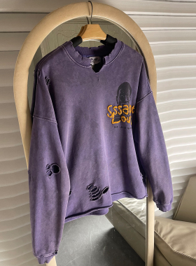 SSSAINT LOUIS美式高街发泡字母印花水洗做旧破洞卫衣男女潮上衣
