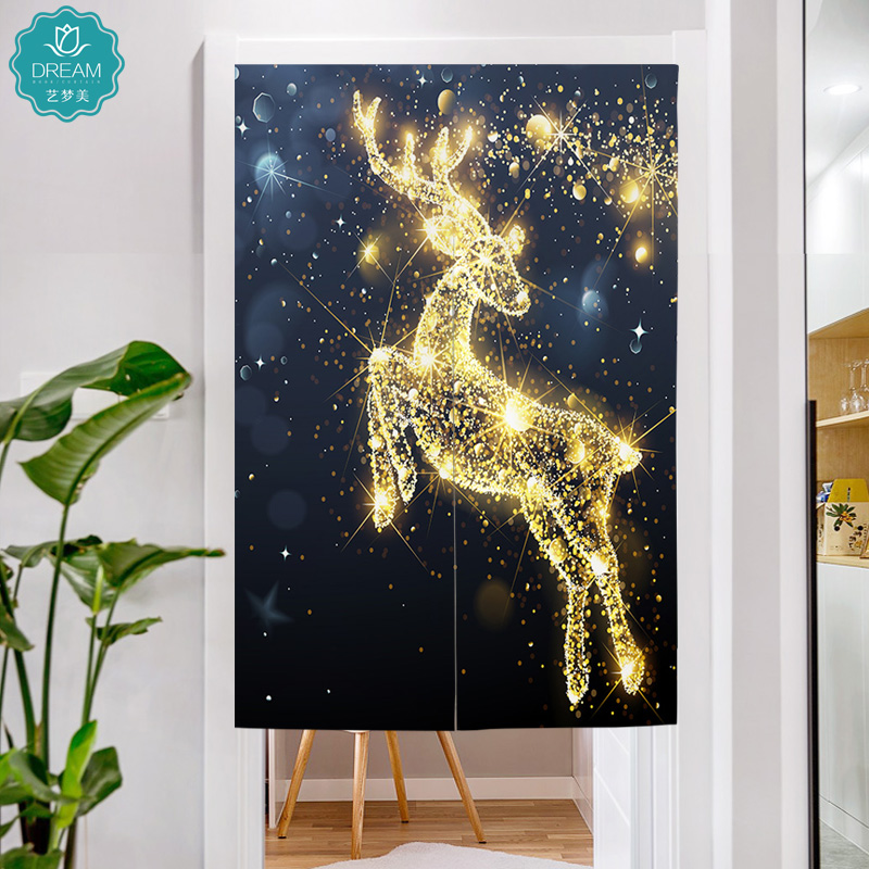 北欧轻奢风金色麋鹿家用卧室隔断帘子厕所加厚门帘布艺挂帘魔术贴