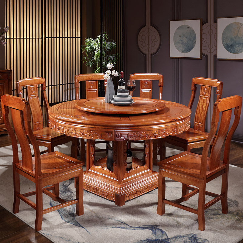 全实木餐桌中式红木圆形带转盘10人家用饭桌花梨木古典餐桌椅组合