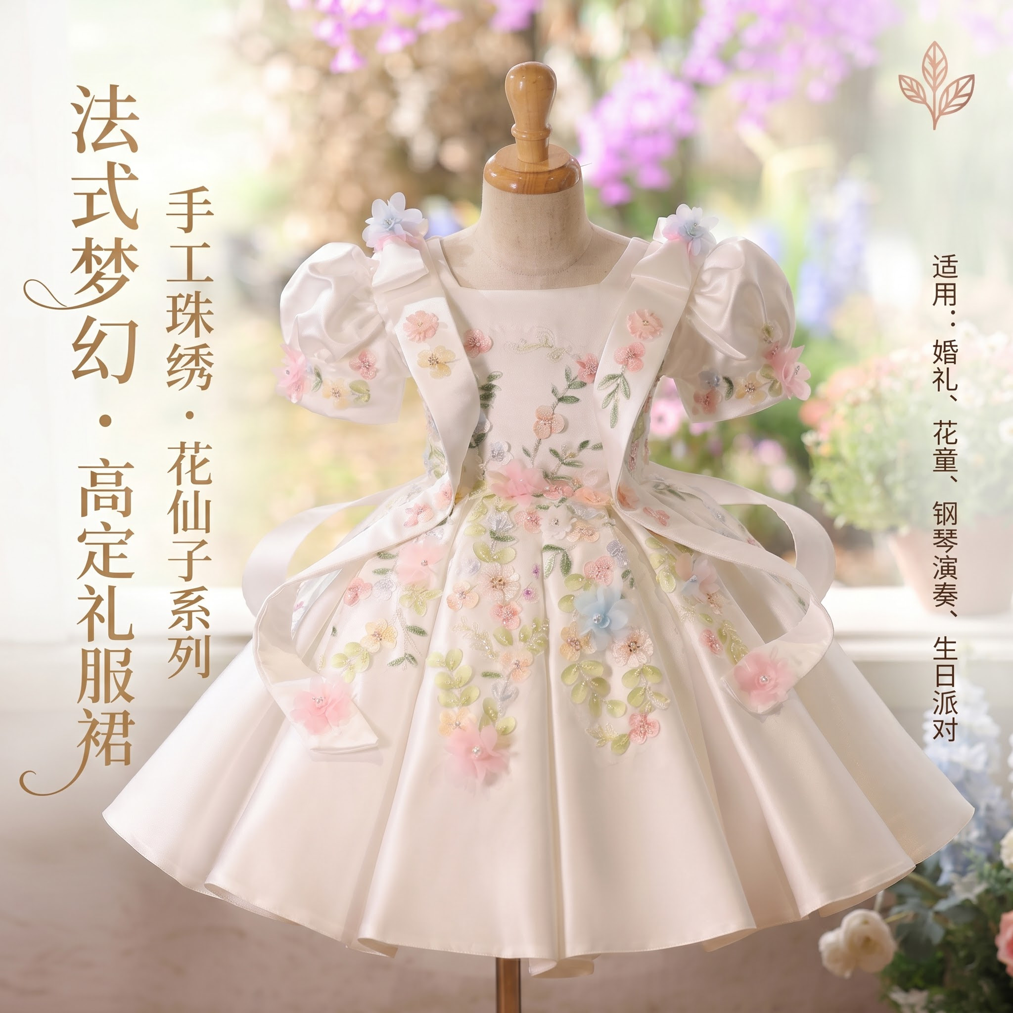 女童花仙子公主裙礼服手工珠绣花朵蓬蓬裙花童婚礼钢琴主持演出服