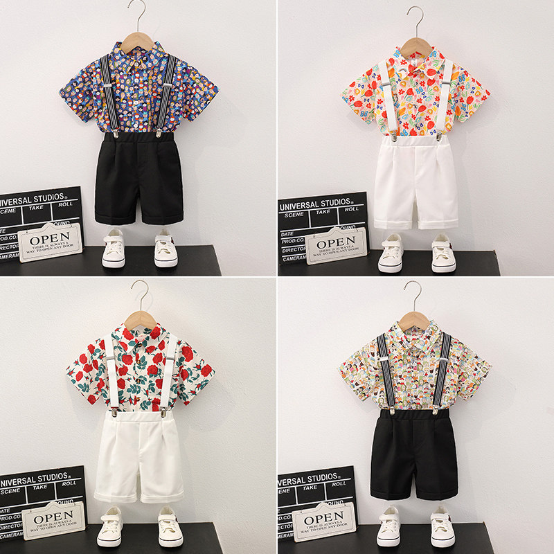 男童背带裤花衬衫套装痞帅儿童短袖礼服西装六一演出服宝宝套装夏