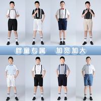 男童礼服夏季新款加肥加大短袖背带裤套装胖版中大童学生演出衣服