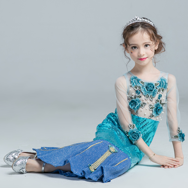 圣诞节儿童服装美人鱼公主裙礼服演出服女童迪士尼表演服模特走秀