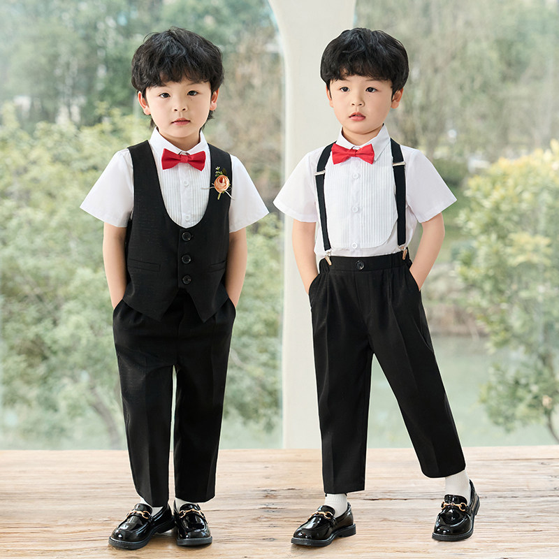 儿童短袖背带裤套装小男孩周岁生日主持花童马甲西装礼服演出服夏