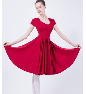 大码夏季短袖圆领大摆拉丁舞蹈连衣裙女成人中长练功服百搭表演服