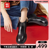 BEAU圆头棕色切尔西靴粗跟松紧口短靴女加绒中跟英伦风靴子黑色