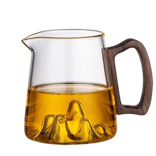 耐热玻璃公道杯月牙红绿茶胡桃木把加厚茶海公平杯分茶器不锈钢漏