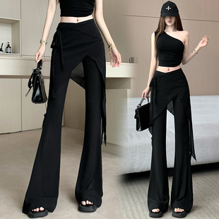 黑色雪纺薄款裙裤荷叶边遮胯长裤假两件绑带叠穿显瘦微喇休闲长裤