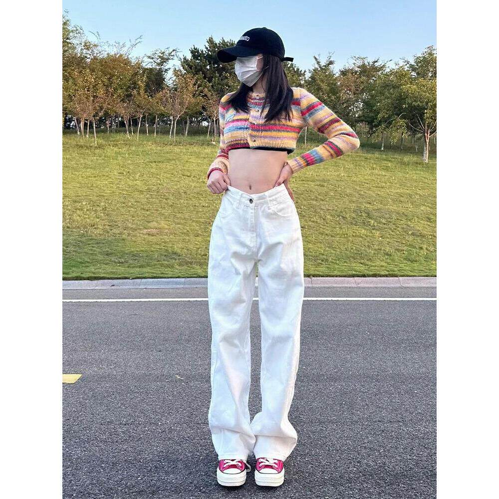 腿高腰小个子窄白色2026女直筒宽松版裤新款春秋牛仔裤显瘦阔垂感