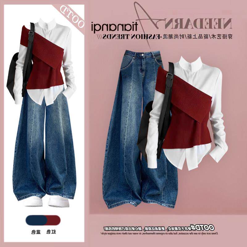 衬衫上衣两件套搭配高腰韩系显瘦牛仔裤日常假两件百搭流行感高级