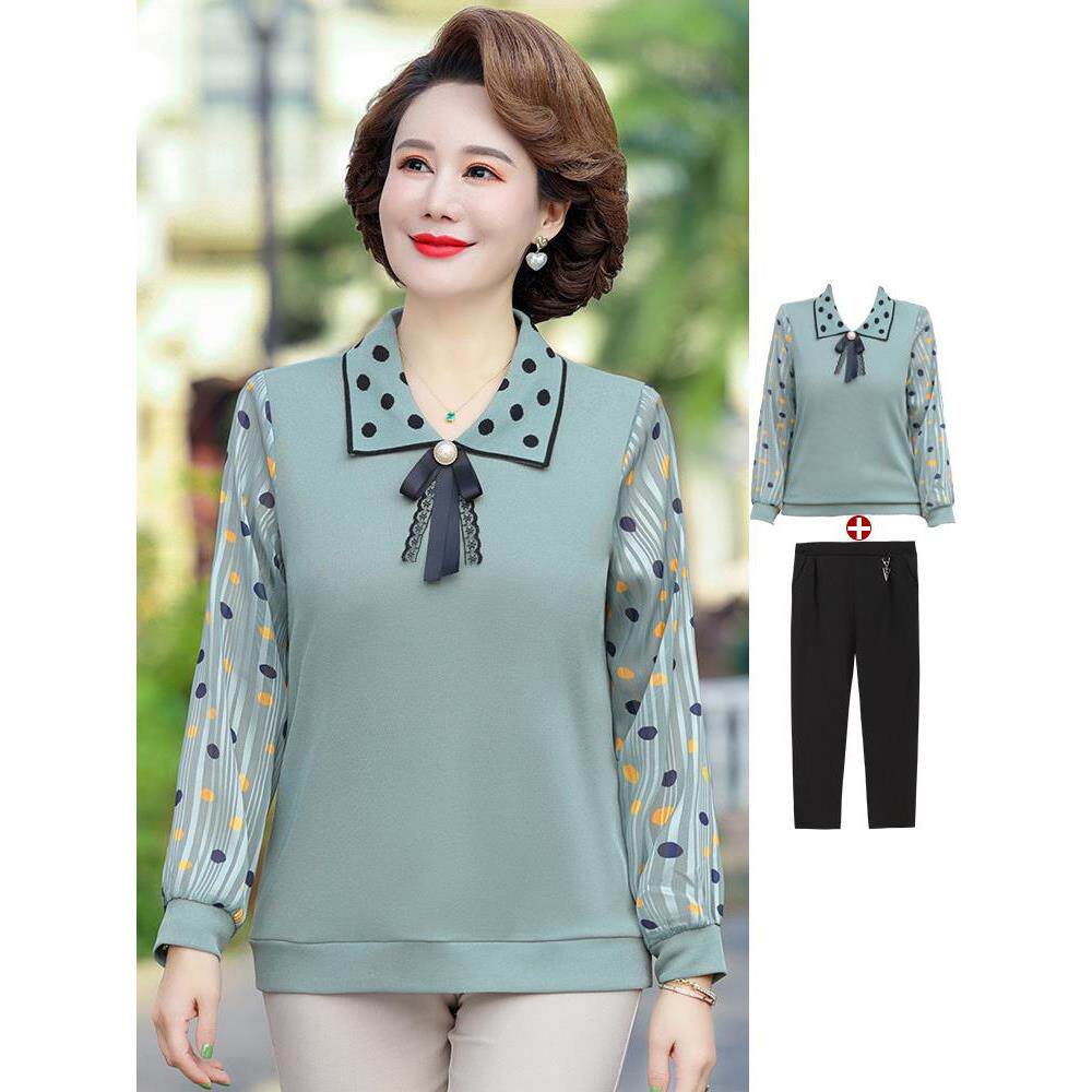洋气小衫中老年长袖夏季女装套装上衣女妈妈40T恤新款岁中年春装