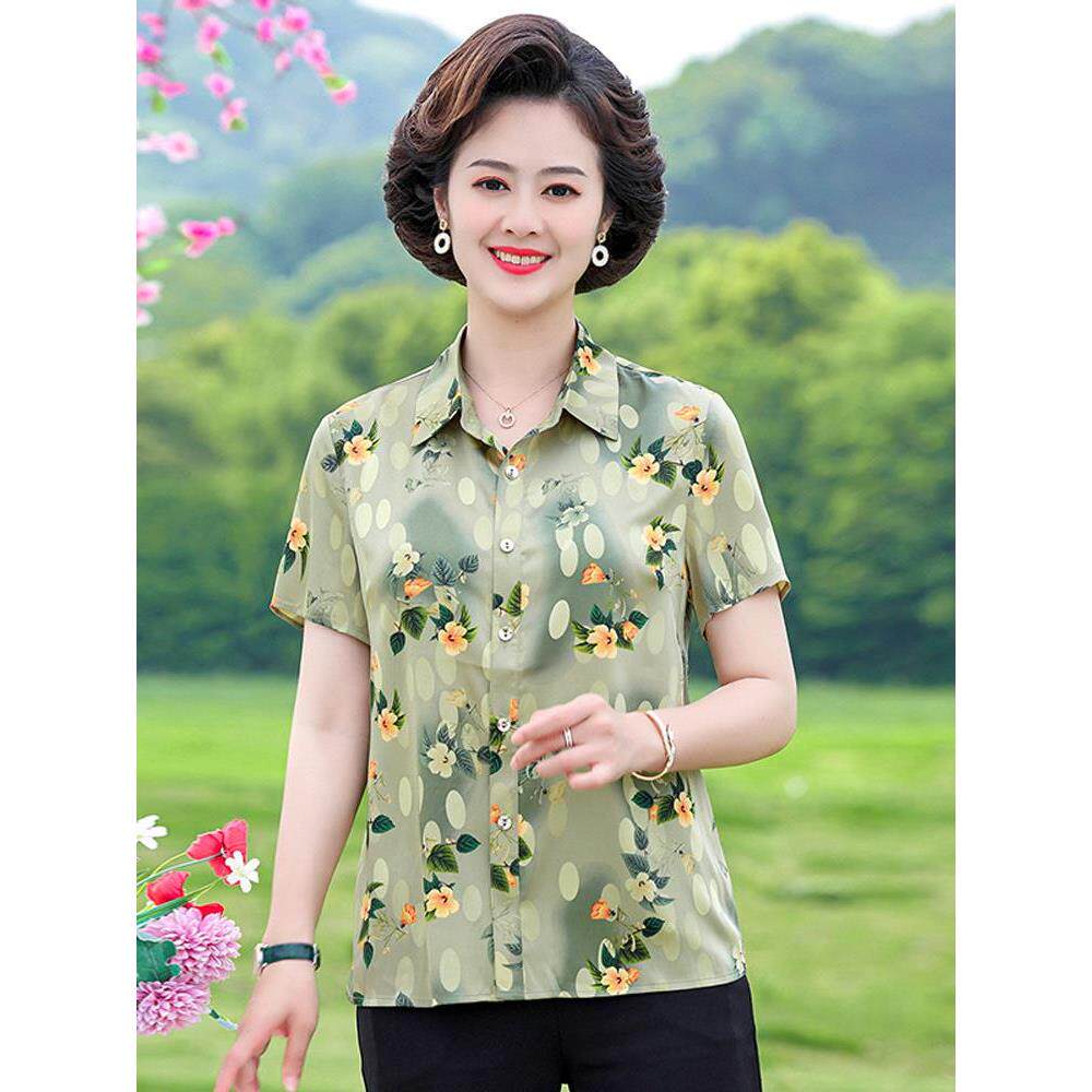 花色印花高档潮女士翻领半袖衬衫冰丝夏季妈妈装短袖轻薄衬衣时尚