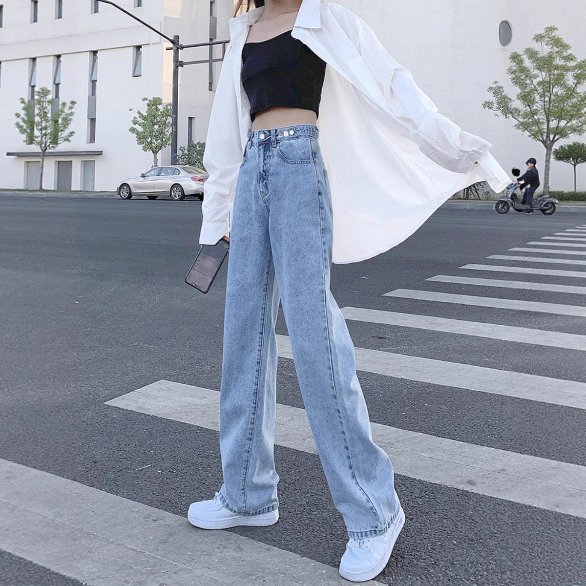 浅色女式牛仔裤春秋直筒宽松2025年新小个子显瘦垂感加绒阔腿长裤