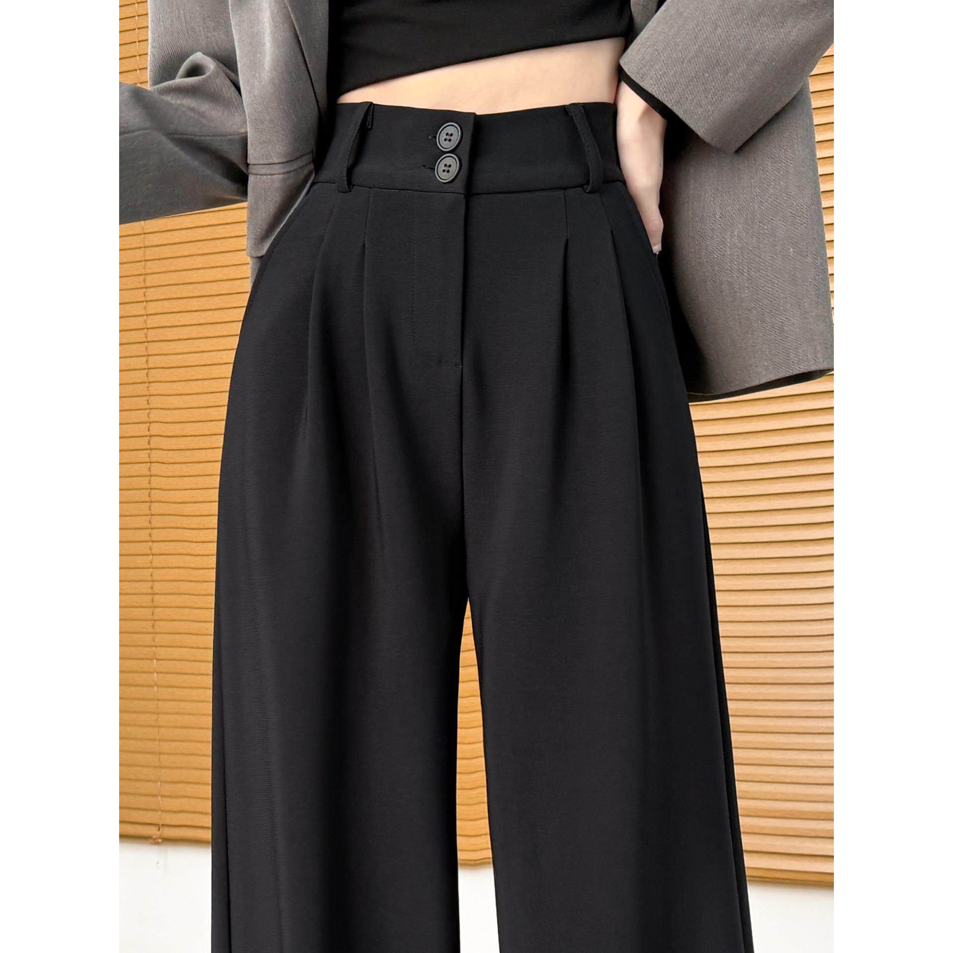 裤女直感垂感春秋季2026高腰高级新款西装筒裤窄小个子阔腿黑色版