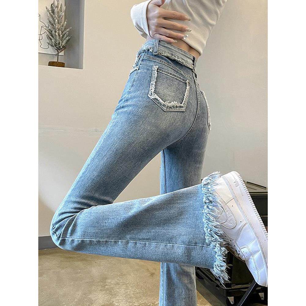 喇叭裤显瘦2026小个子拖地春秋季流苏年牛仔裤浅色微喇新款毛边女