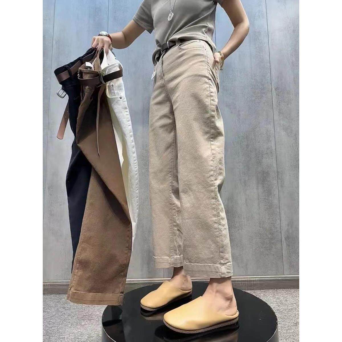 小个子mm牛仔裤春夏阔弹力裤大码高腰九分显瘦宽松直筒女腿胖复古