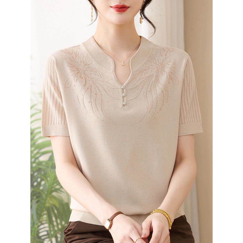 薄款针织短袖T恤小衫中老年夏夏装冰丝上衣新款女装2026洋气妈妈