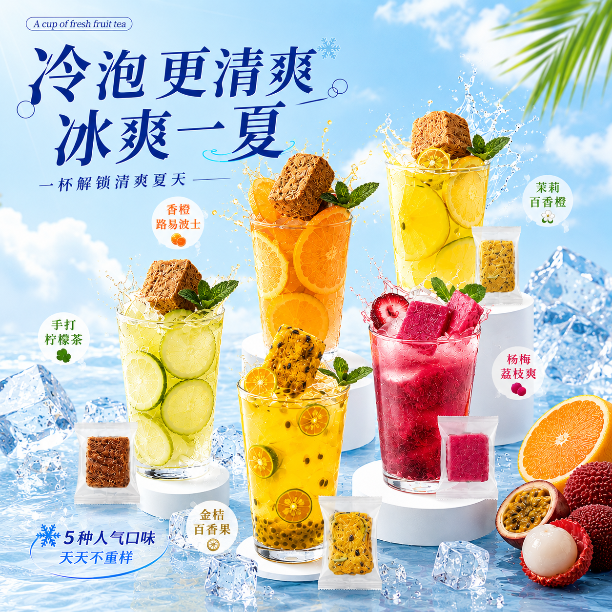 珍缘堂冻干果茶组合茉莉百香橙杨梅荔枝爽手打柠檬百香果冷热双泡