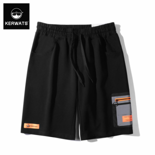男 肥佬宽松加大号直筒短裤 KERWATS潮胖子贴贷休闲大码 黑色五分裤