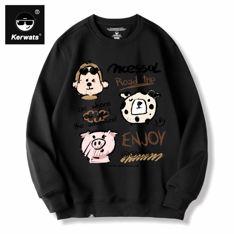 KERWATS品牌大码男女情侣小牛小猪字母涂鸦印花学生长袖圆领卫衣