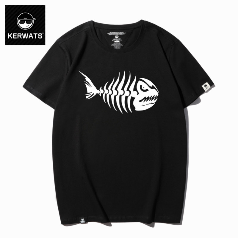 KERWATS潮牌半袖加肥加大码男装鱼骨印花肥佬胖子情侣短袖T恤圆领