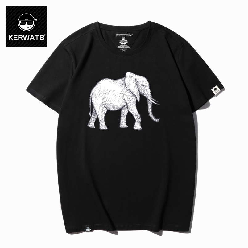 KERWATS潮牌大码男装 胖子大象胸花圆领欧美风春夏宽松短袖T恤衫