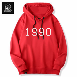 KERWATS品牌连帽衫套头卫衣男女情侣装大码数字1990马本命年红色