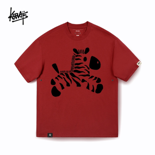 KERWATS大码男女情侣马年本命年斑马印花纯棉红色落肩短袖t恤定制