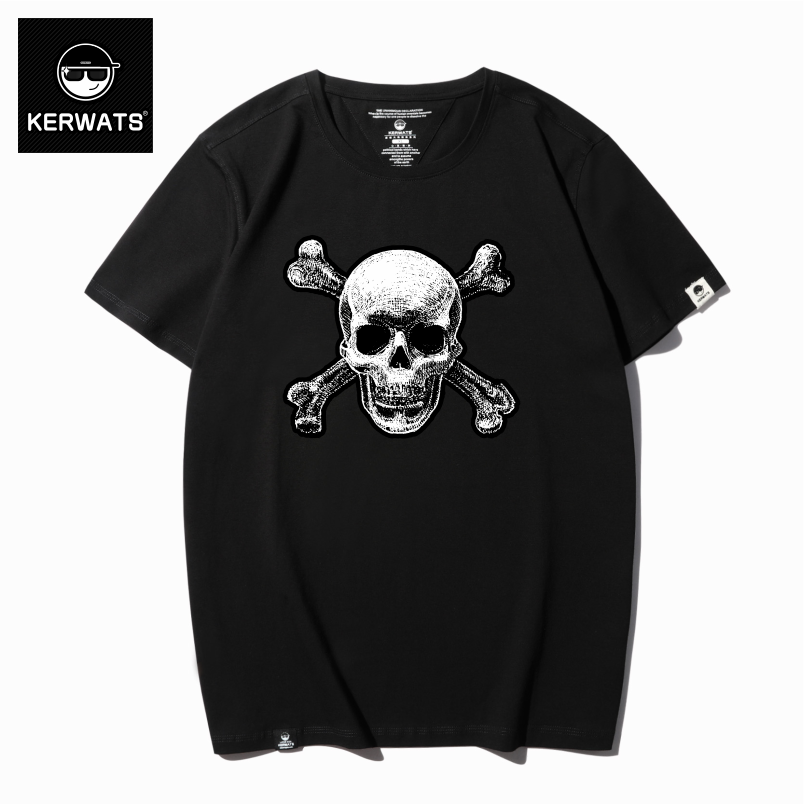 KERWATS潮牌大码男装 胖子骷髅头胸花宽松短袖t恤加肥加大丅恤衫