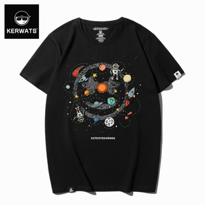 KERWATS夏季潮牌男装笑脸宇宙快乐星球T恤胖子加大短袖男宽松衣服