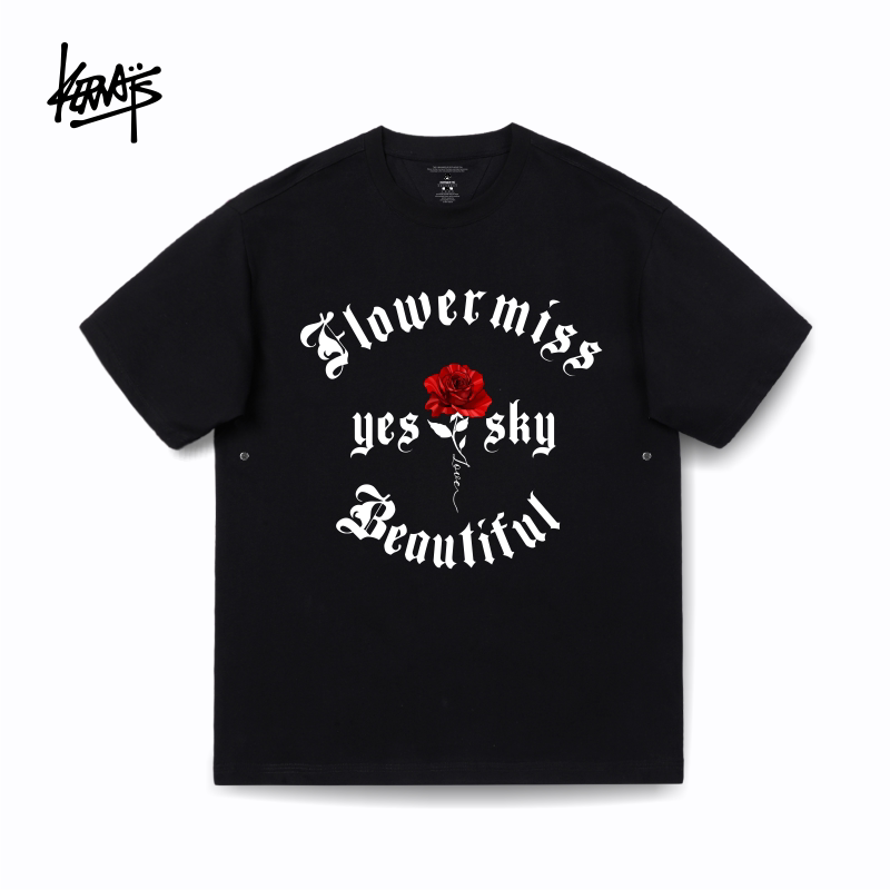 KERWATS大码潮牌玫瑰花英文印花重磅t恤纯棉男女情侣夏季落肩短袖