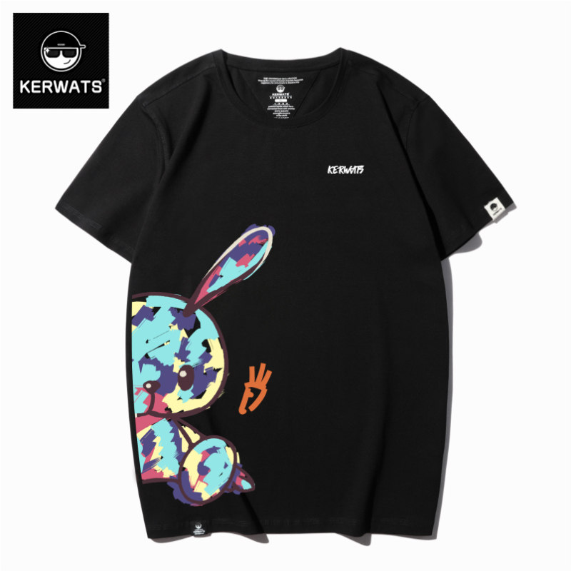 KERWATS学生情侣韩版潮流彩色兔子个性印花t恤莱卡棉百搭男女短袖