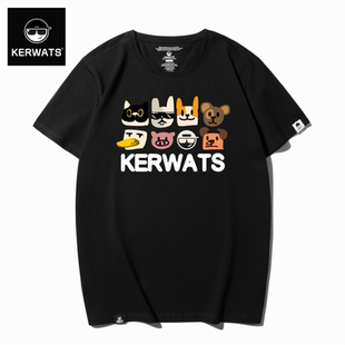 短袖 KERWATS潮流动物卡通印花莱卡棉潮牌t恤男女情侣夏季 宽松大码