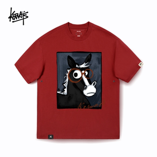KERWATS本命年马年衣服小马印花T恤男女同款春夏纯棉休闲落肩短袖