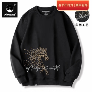 KERWATS大码宽松圆领卫衣男女情侣长袖马年小马图案刺绣衣服定制