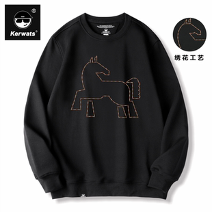 KERWATS品牌大码男女情侣马图案刺绣小马年秋冬国潮重磅圆领卫衣