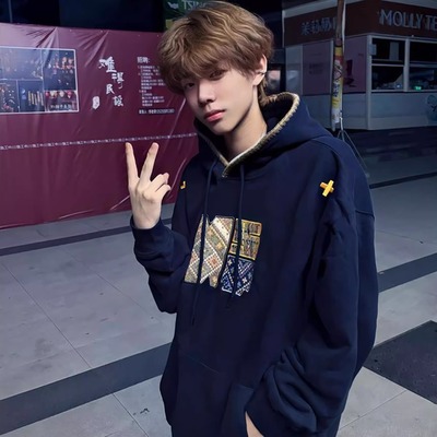 美式国潮牌重工刺绣抽绳连帽卫衣