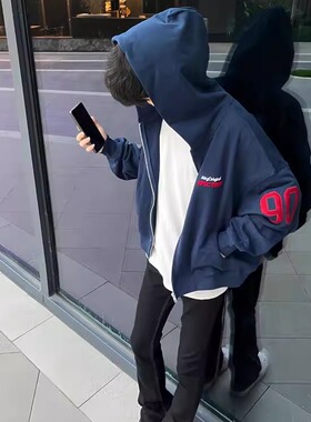 卫衣男款复古美式高街慵懒风连帽拉链国潮重磅春秋款百搭开衫外套