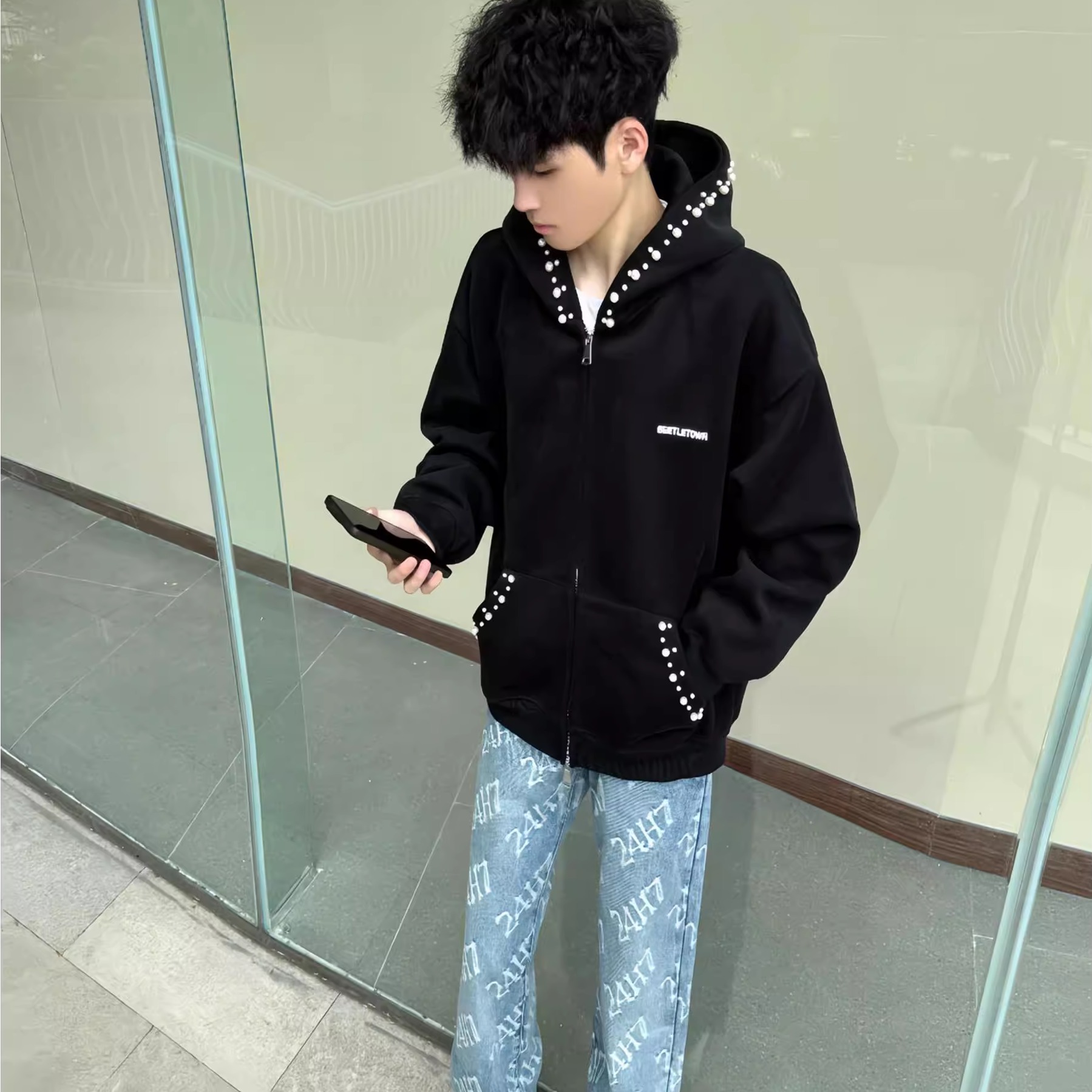 美式高街字母刺绣连帽卫衣男款