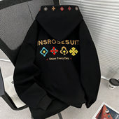 美式 复古民族风刺绣连帽卫衣男秋冬慵懒风oversize百搭情侣上衣服