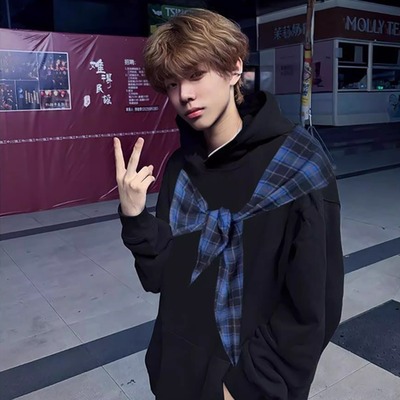 美式高街格子披肩假两件连帽卫衣