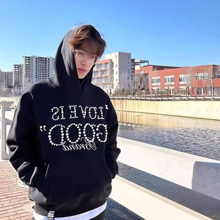秋冬新款GOOD珍珠标语刺绣字母连帽卫衣男女潮牌重磅宽松百搭帽衫