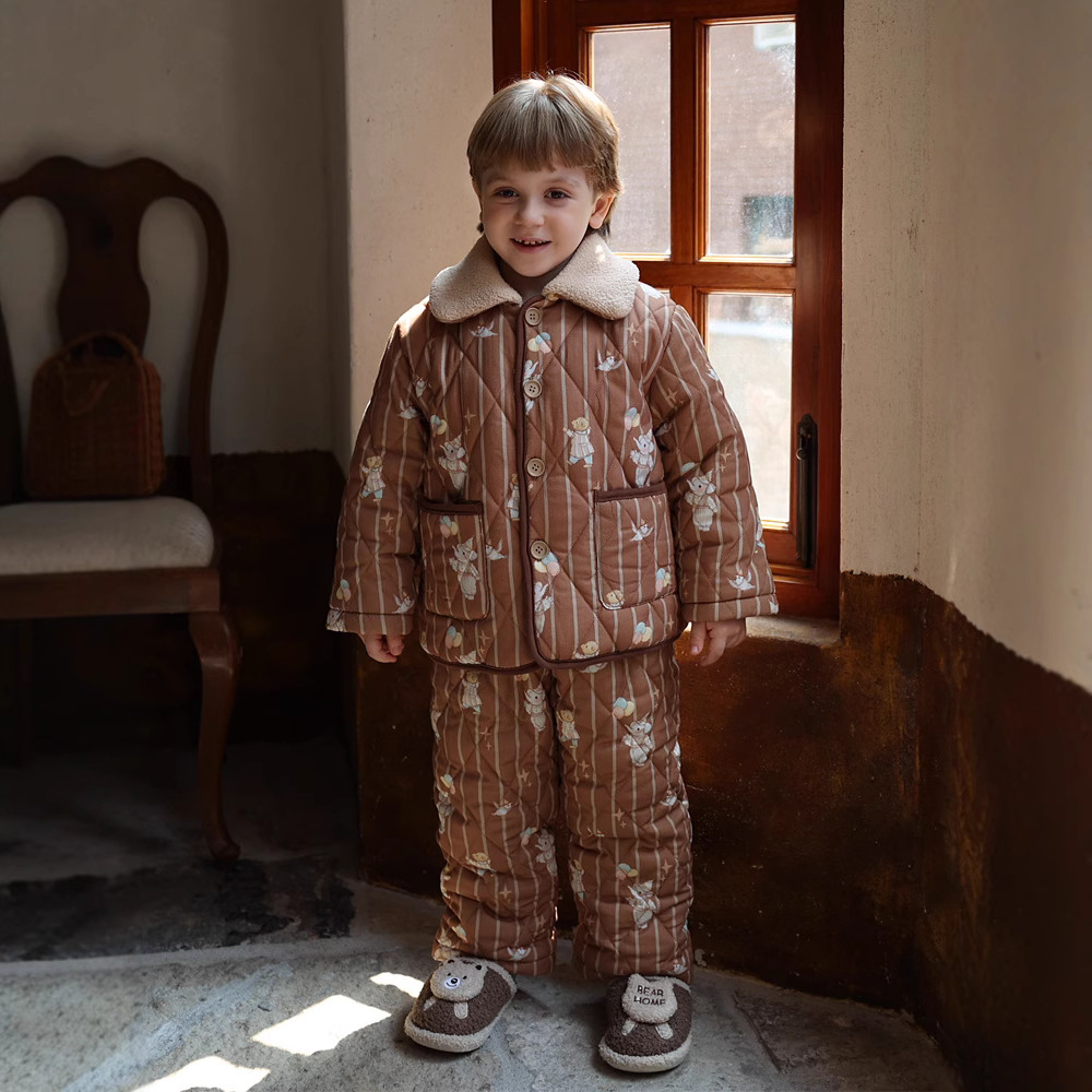 冬季新品儿童三层夹棉睡衣保暖加绒加厚家居服两件套一套过冬棉衣