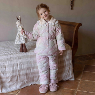 冬新品女童三层加厚夹棉睡衣童家居服可外穿套装棉袄加绒渐变