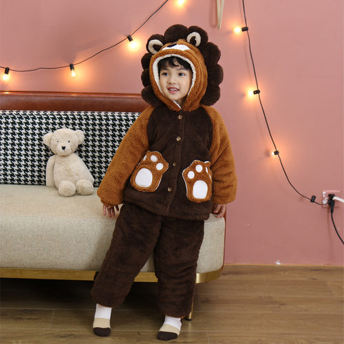 冬宝宝双层加绒卡通睡衣套装冬季