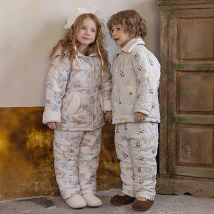 冬季特厚儿童新品三层加厚夹棉睡衣男童家居服可外穿保暖一套过冬