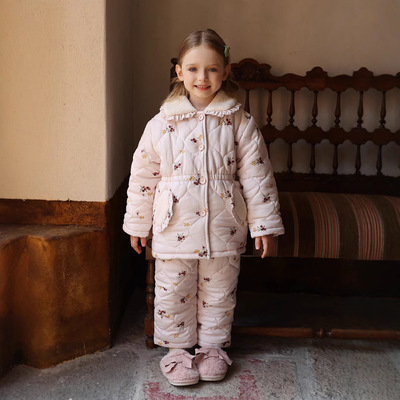 特厚三层夹棉保暖睡衣女大童冬季防风棉睡衣可外穿印花套装加厚绒