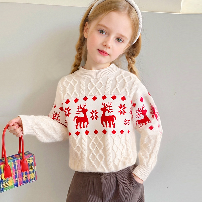 女童毛衣秋冬新款加绒圆领加厚保暖打底衫针织衫中大儿童装可外套